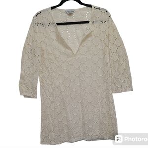Jordan Taylor V Neck Sheer eyelet shirt swim cover casual‎ see thru, M VI…